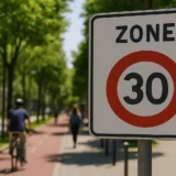 Panneau de limitation de vitesse 30 km/h en zone urbaine avec un environnement piétonnier et cycliste sécurisé