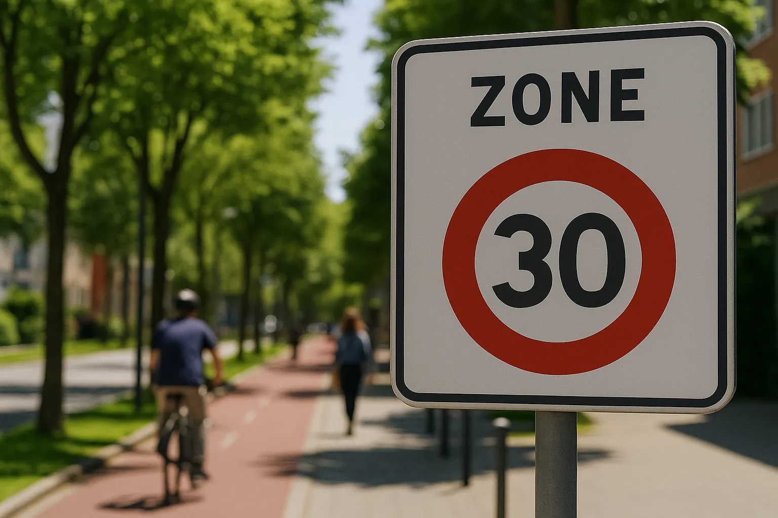 limitation-30-kmh-ville-2025 Panneau de limitation de vitesse 30 km/h en zone urbaine avec un environnement piétonnier et cycliste sécurisé