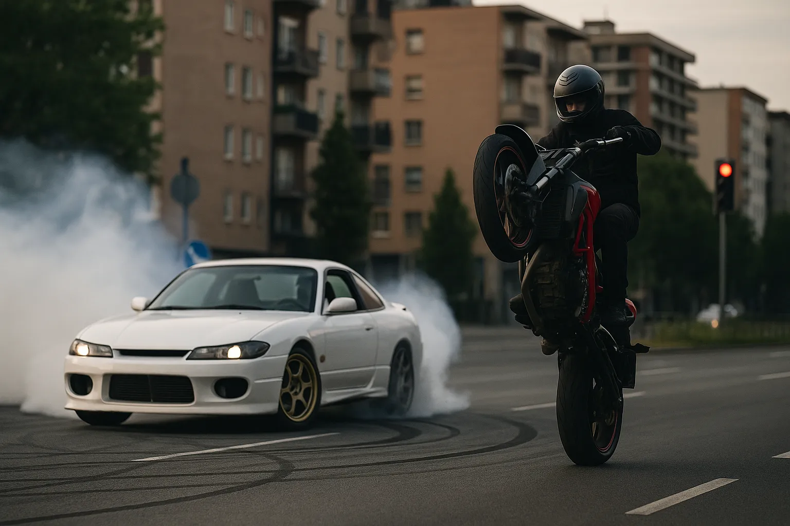 manœuvre-acrobatique-conduite-dangereuse Voiture effectuant un drift et moto réalisant un wheeling en pleine ville, illustration d’une manœuvre acrobatique et d’une conduite dangereuse sanctionnées par le Code de la route