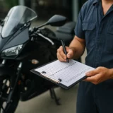 Contrôle technique deux-roues : mécanicien inspectant une moto dans un centre agréé