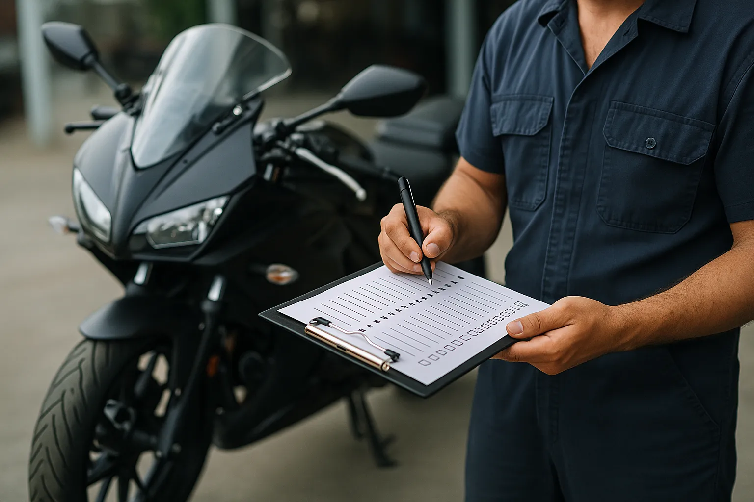 Contrôle technique deux-roues : mécanicien inspectant une moto dans un centre agréé