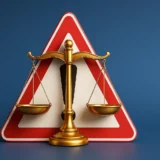 Panneau de danger routier triangulaire rouge avec balance de justice dorée symbolisant le délit d'homicide routier