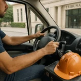 artisan au volant de son véhicule utilitaire devant un tribunal - perte de permis - permis blanc