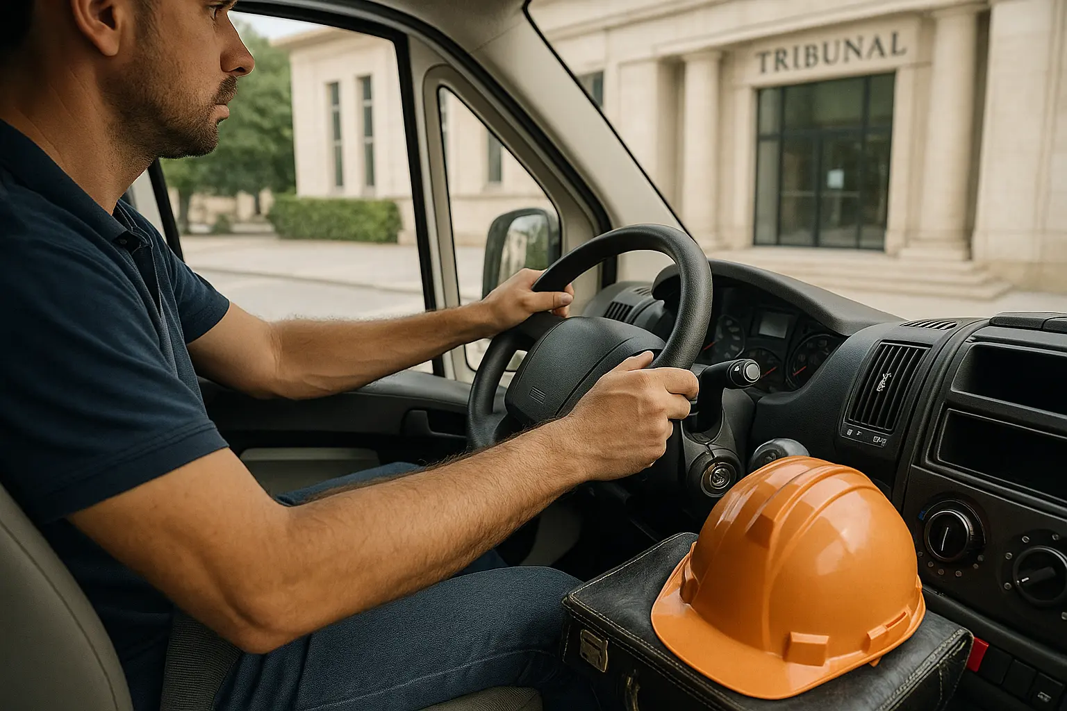permis-blanc-alternatives artisan au volant de son véhicule utilitaire devant un tribunal - perte de permis - permis blanc