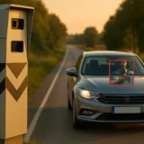 Radar Mesta Fusion 2 sur route de campagne détectant un conducteur au téléphone, ceinture bouclée, éléments encadrés en rouge.