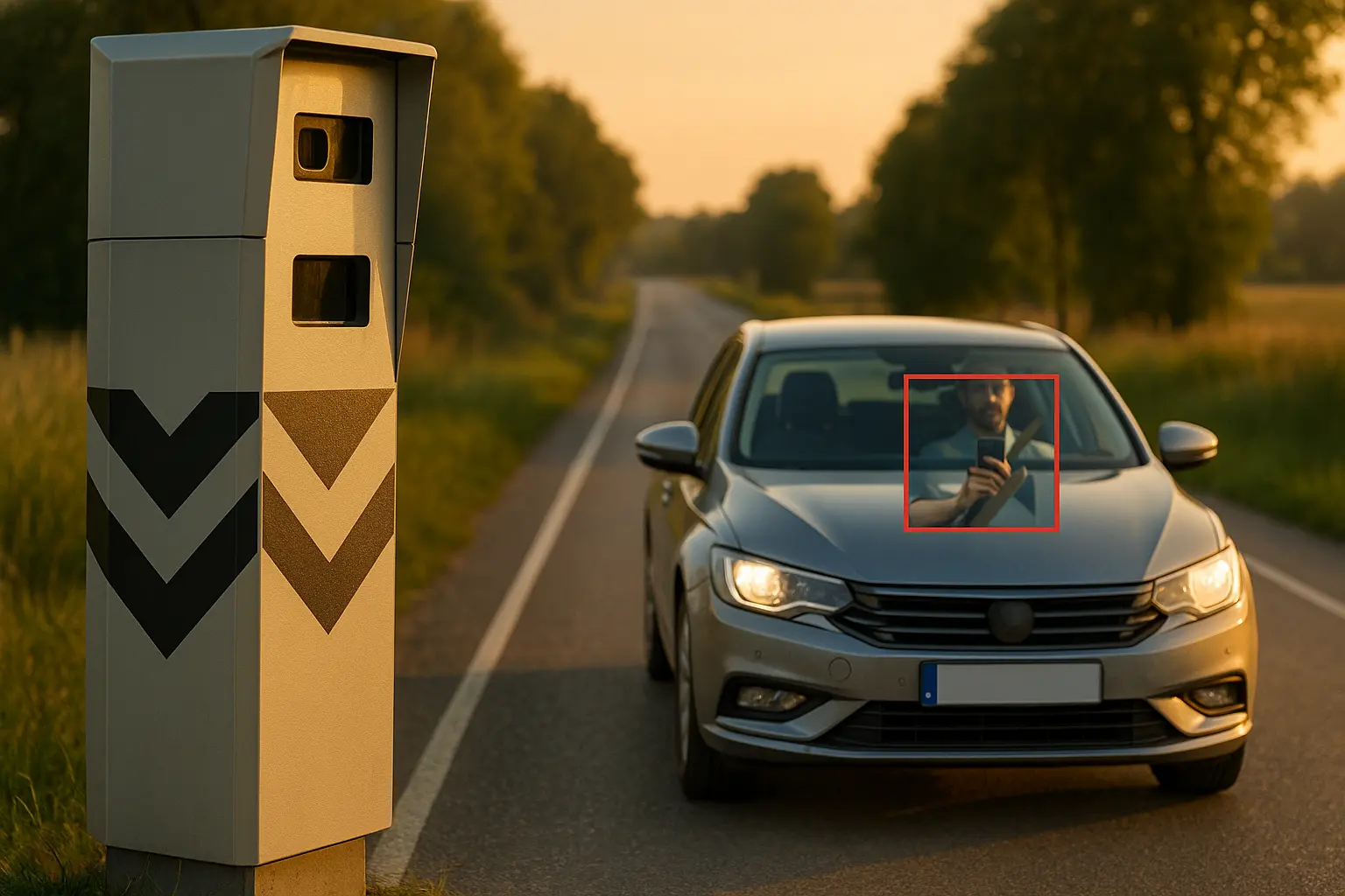 Radar Mesta Fusion 2 sur route de campagne détectant un conducteur au téléphone, ceinture bouclée, éléments encadrés en rouge.