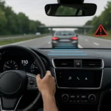 Véhicule moderne sur autoroute utilisant ses systèmes d’aide à la conduite (ADAS), avec affichage du freinage automatique et analyse de la distance de sécurité