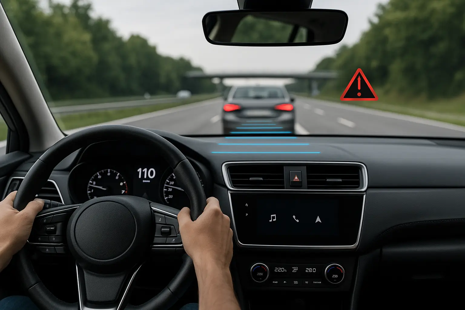 systeme-aide-conduite Véhicule moderne sur autoroute utilisant ses systèmes d’aide à la conduite (ADAS), avec affichage du freinage automatique et analyse de la distance de sécurité