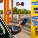 Conducteur utilisant son smartphone pour payer au péage français - illustration de l'infraction téléphone au volant.