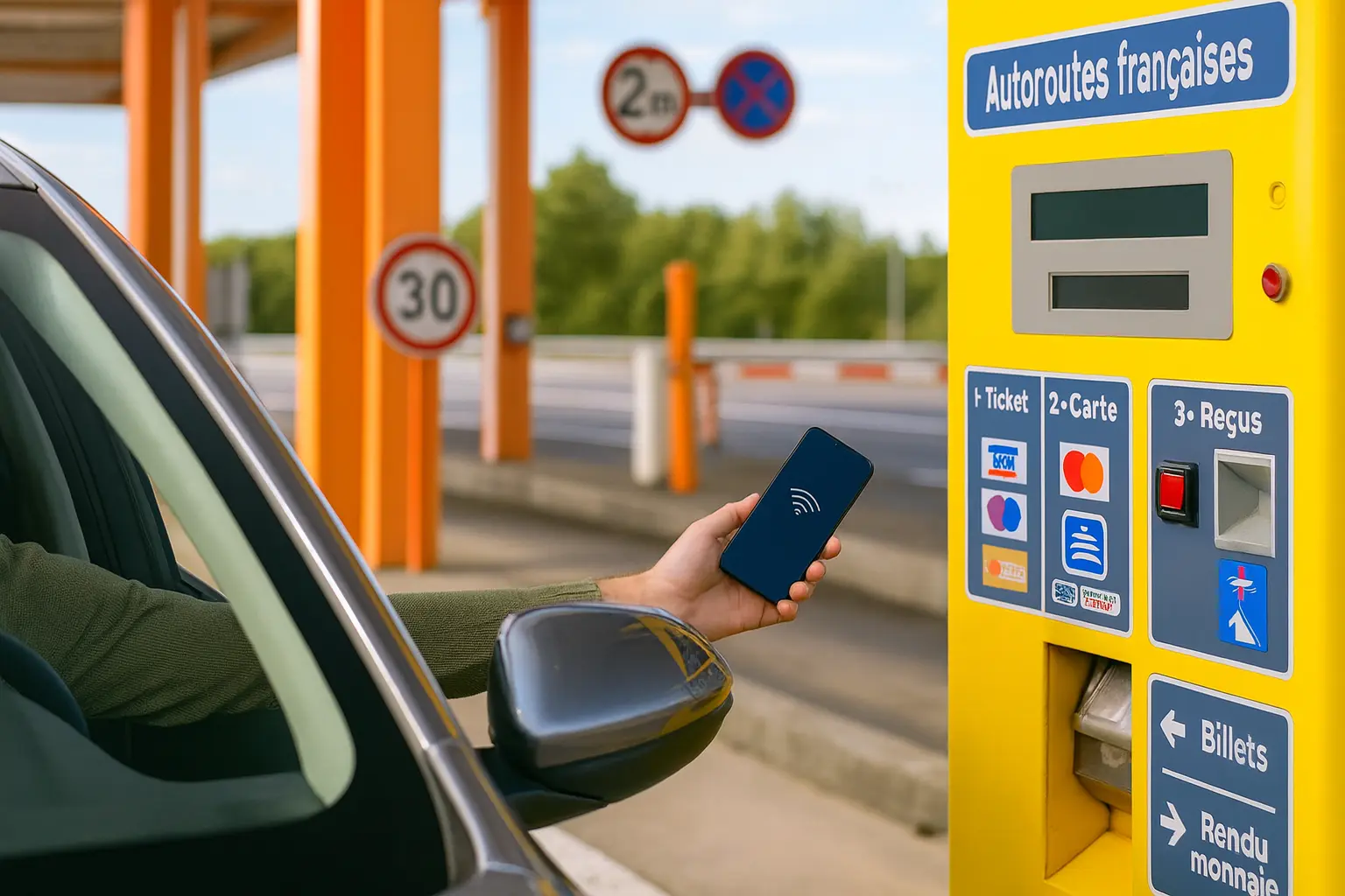 Conducteur utilisant son smartphone pour payer au péage français - illustration de l'infraction téléphone au volant.