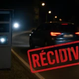 Voiture flashée par un radar automatique pour un excès de vitesse de plus de 50 km/h, avec la mention Récidive en surimpression, pour illustrer la récidive en droit pénal routier.