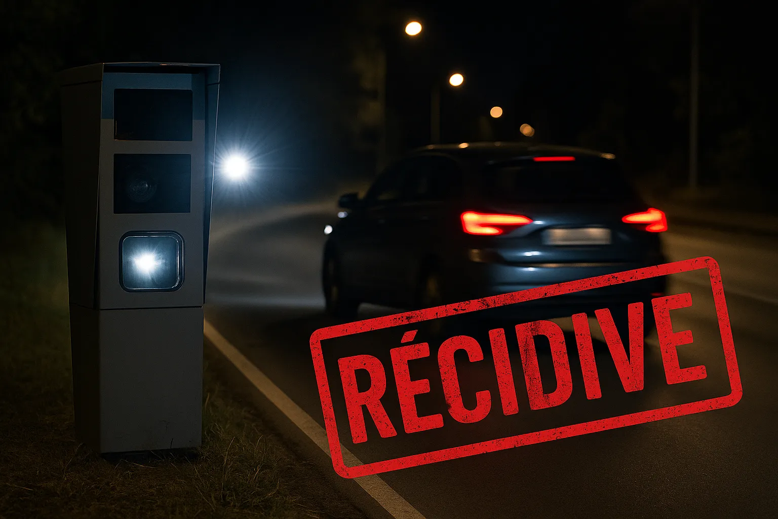 Voiture flashée par un radar automatique pour un excès de vitesse de plus de 50 km/h, avec la mention Récidive en surimpression, pour illustrer la récidive en droit pénal routier.