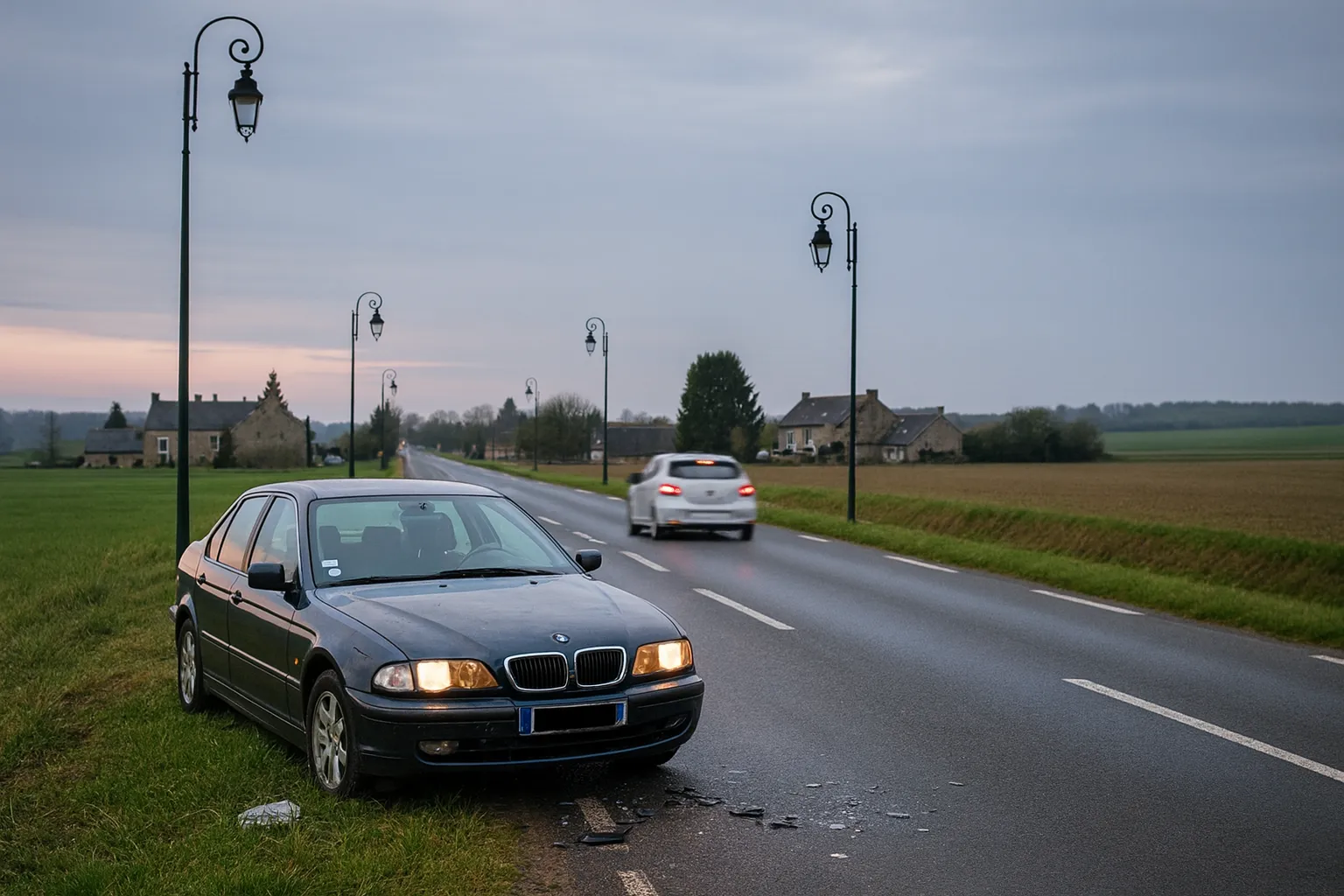 delit-de-fuite Délit de fuite : véhicule accidenté sur le bas-côté avec débris sur la chaussée tandis qu'une voiture s'éloigne à l'horizon