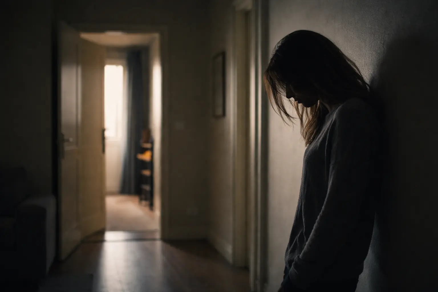 violonces-conjugales Silhouette d’une femme dans un intérieur sombre, illustrant une situation de violences conjugales et le besoin de protection juridique