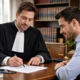 Avocat en robe noire conseillant son client sur les procédures pénales alternatives dans son cabinet