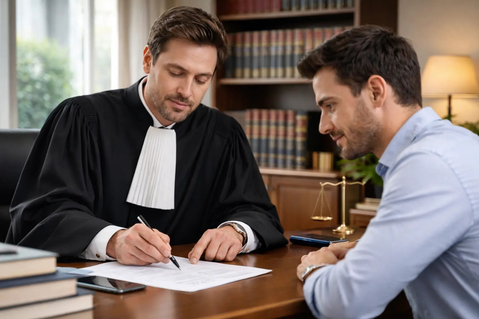 Avocat en robe noire conseillant son client sur les procédures pénales alternatives dans son cabinet