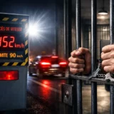 Grand excès de vitesse : radar affichant 152 km/h pour une limite à 90 km/h, illustration des sanctions pénales avec barreaux de prison.