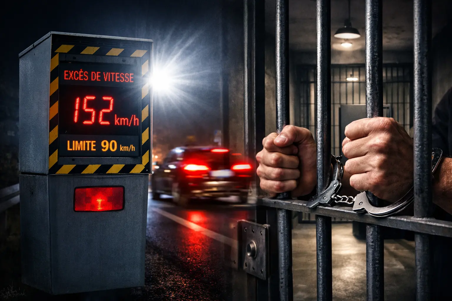 Grand excès de vitesse : radar affichant 152 km/h pour une limite à 90 km/h, illustration des sanctions pénales avec barreaux de prison.