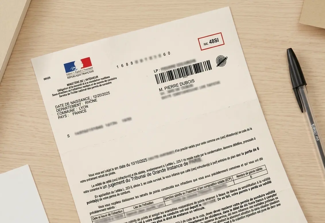 Lettre 48SI – courrier recommandé du ministère de l’Intérieur notifiant l’invalidation du permis de conduire