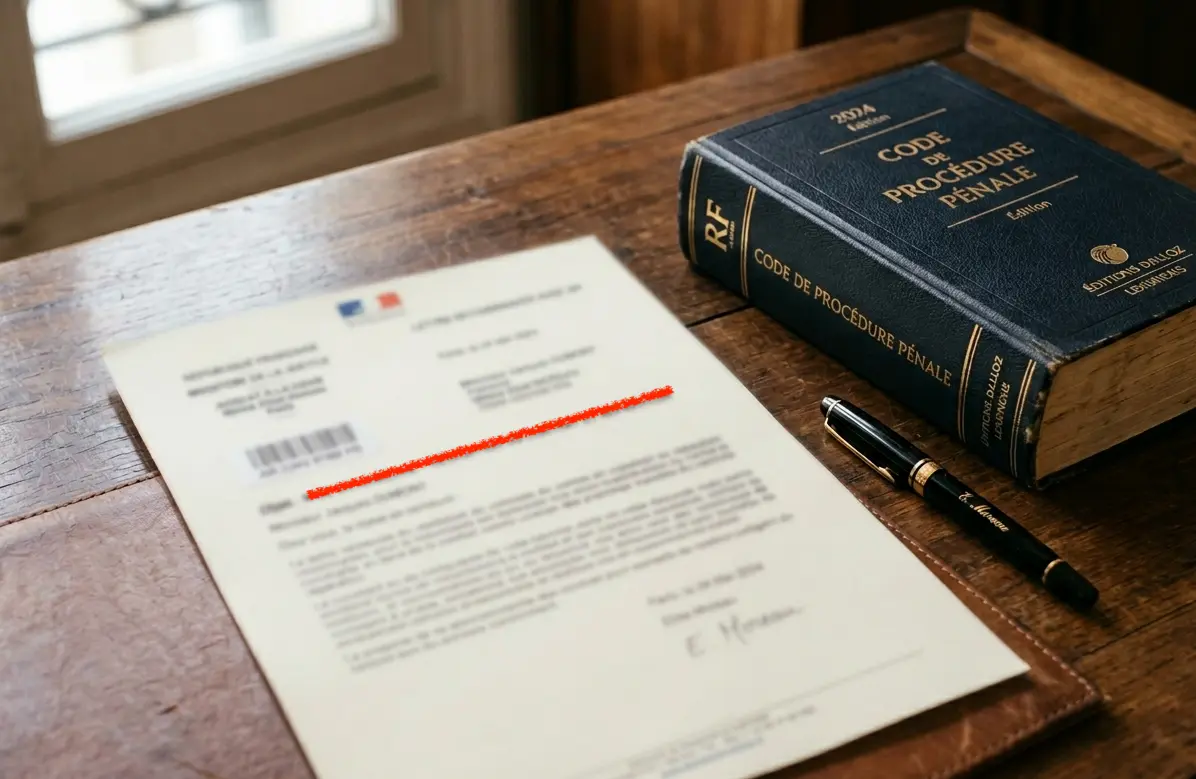 Courrier de classement sans suite posé sur le bureau d'un avocat, à côté d'un Code de procédure pénale