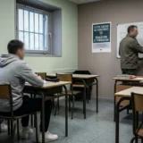 Salle de classe dans un établissement pénitentiaire pour mineurs, adolescents de dos, illustrant la détention provisoire des mineurs.