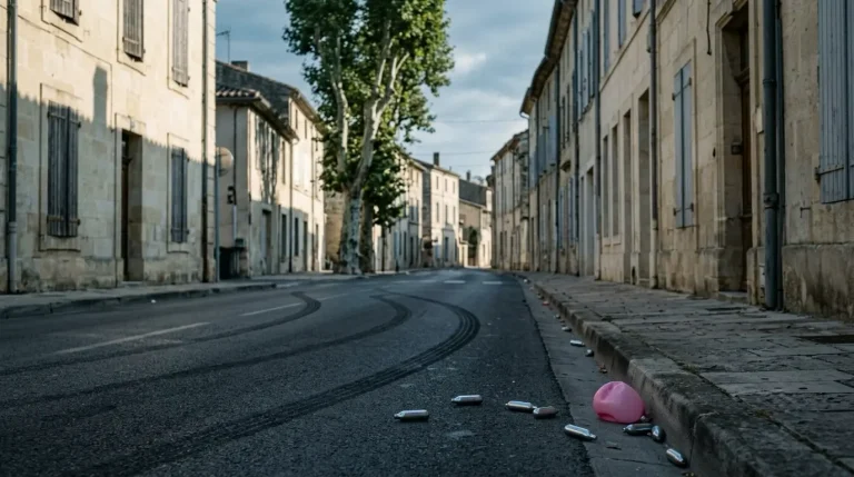 Rue urbaine au petit matin, traces de pneus et cartouches de protoxyde d'azote au sol, illustrant les phénomènes visés par la loi RIPOST