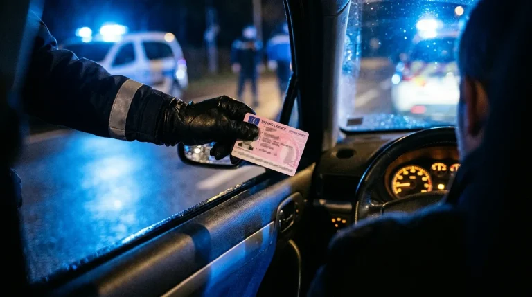 Permis de conduire retenu lors d'un contrôle routier, illustrant la suspension administrative du permis après un dépistage de stupéfiants